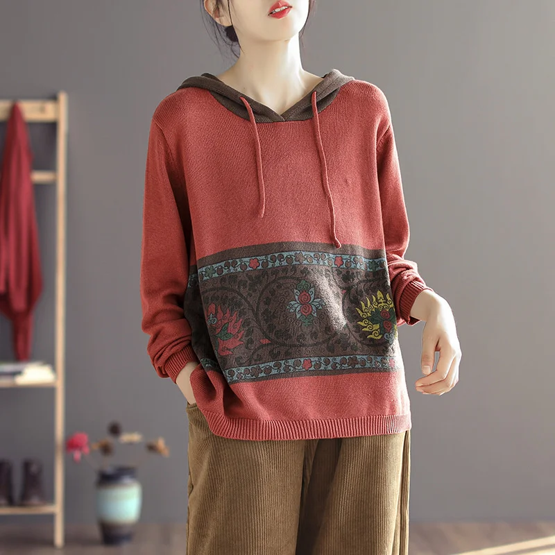Женский свободный пуловер с капюшоном винтажный принт - купить по выгодной цене |