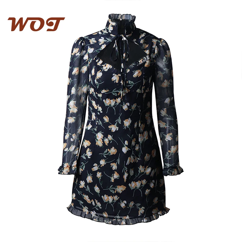 

2021 New Floral Dress Woman High Neck Tie Low-Cut Lace Long Sleeve Print Dress