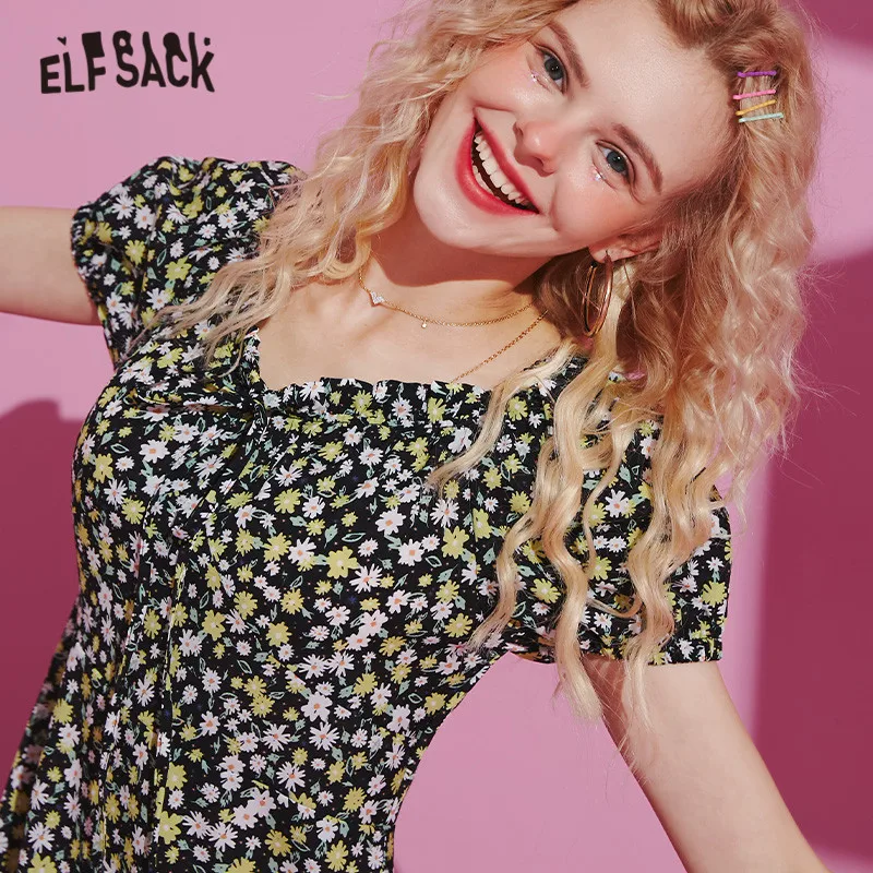 Женское шифоновое платье с цветочным принтом ELFSACK винтажное открытыми плечами в