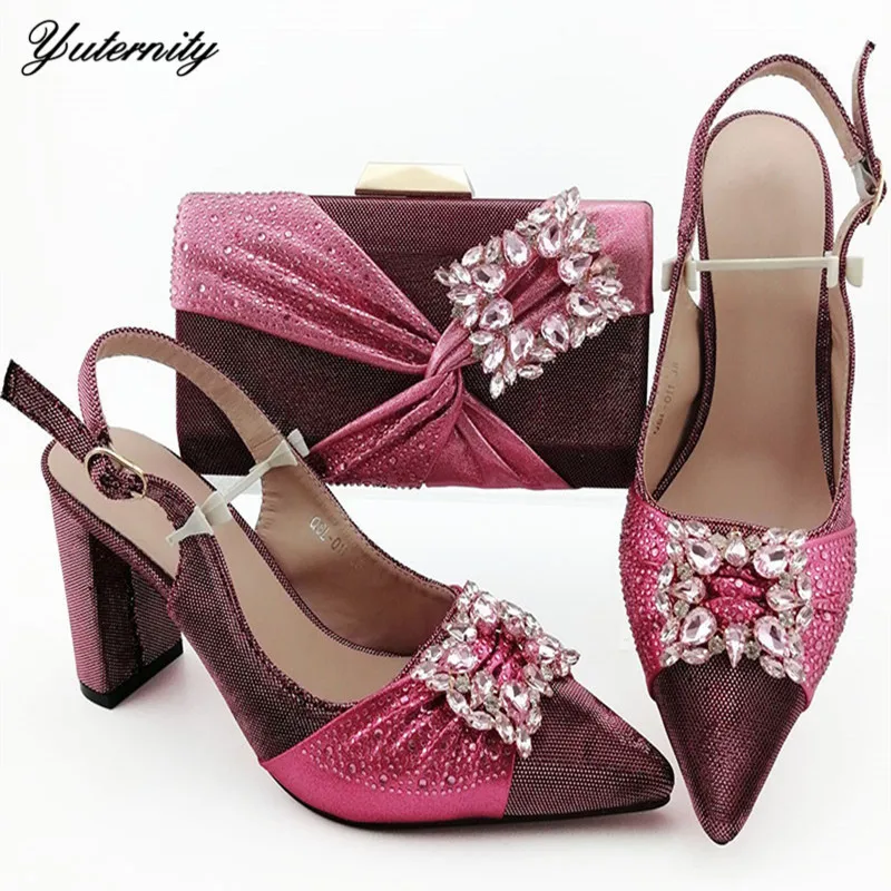 Новейший дизайн украшения с розовыми камнями вечерние комплект из обуви и сумки