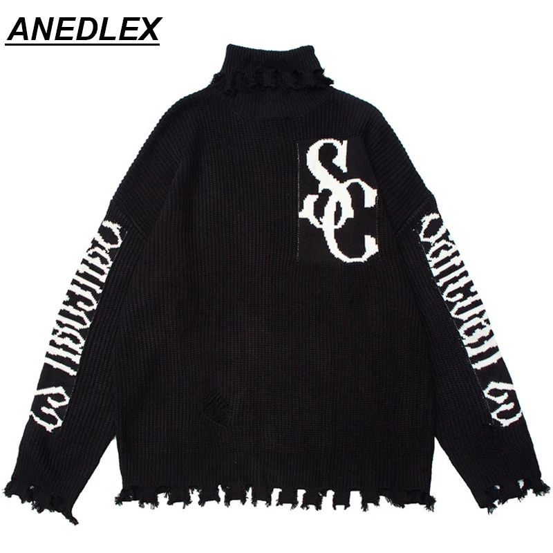 

2021 Harajuku Letter Embroidery Ripped Sweater Knitwear Men Woemn Turtlenecks Sweater Streetwear Pullover Fashion Cotton Sweater