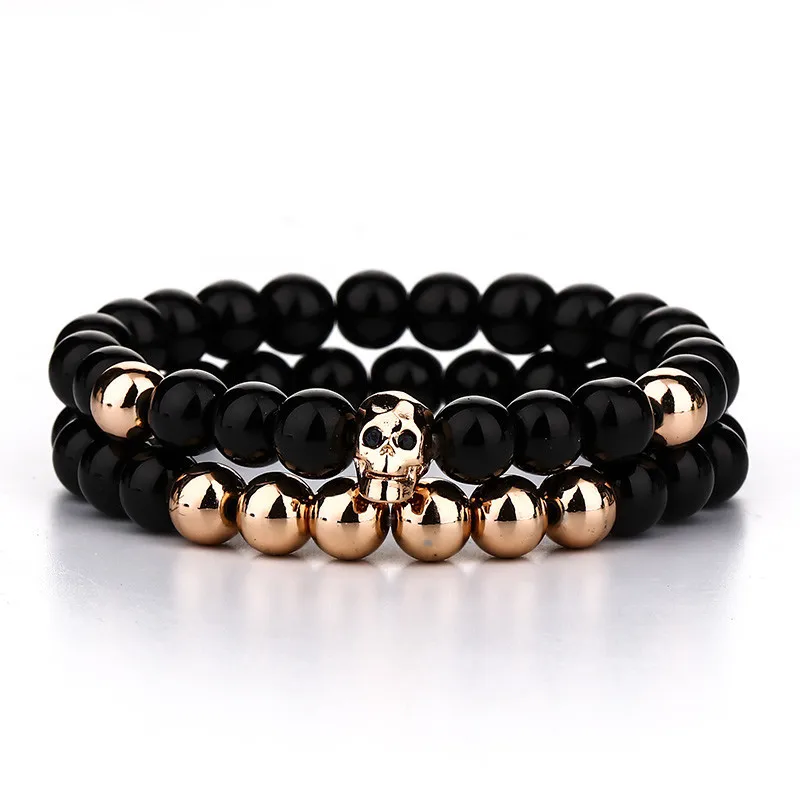 Мужской браслет с черепом Diffone гладкий обсидиановым камнем дистанционным