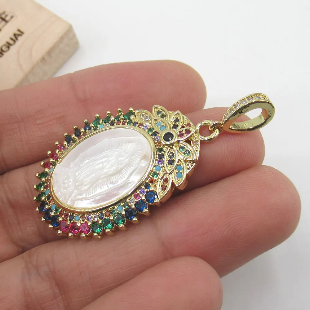APDGG 35x40 мм Дева Мария белая Швабра Камея оболочка позолоченный кубический циркон