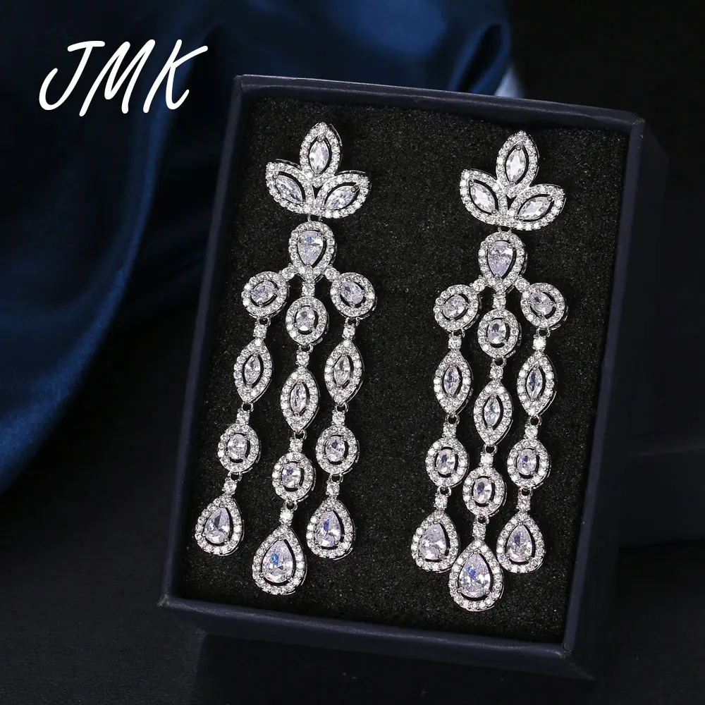 

JMK Luxury Clover Leaf Tassel Silver Dangle Earrings Women AAA Cubic Zircon Crystal Bridal Wedding Party Jewelry Gift