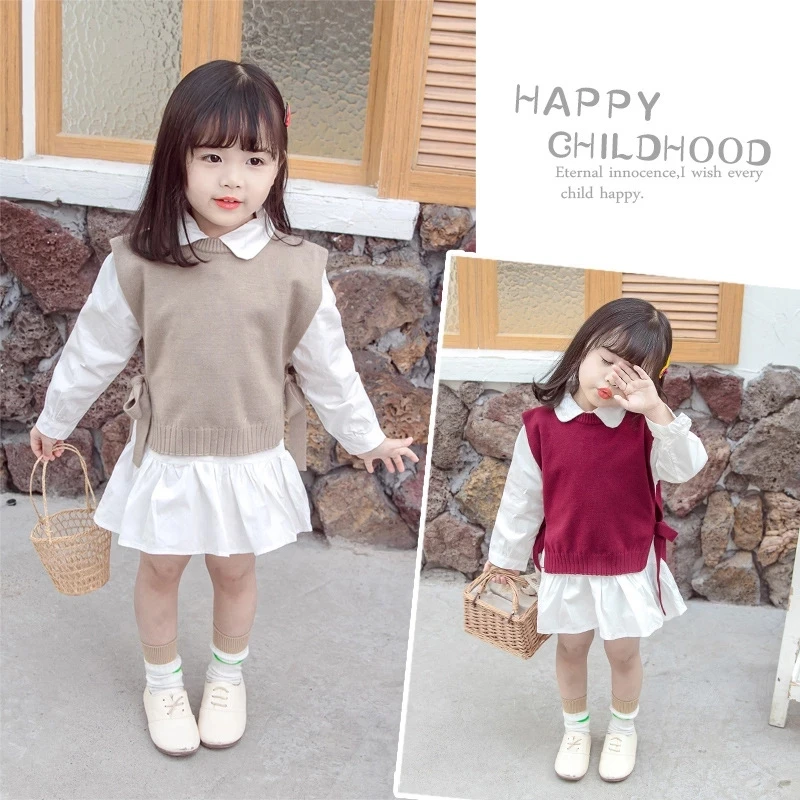 

2021 new spring and autumn baby girl vest Korean round neck knitted wool thin children's pullover girl