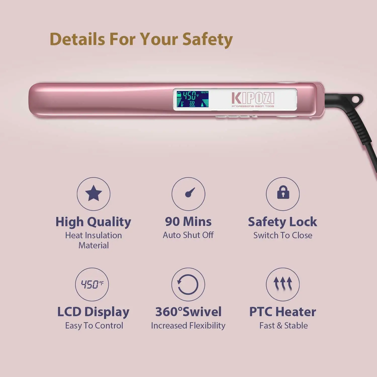 

KIPOZI Hair straightener with Digital LCD Display Titanium Flat Iron Fast heating Professional Hair Straightening Curling iron