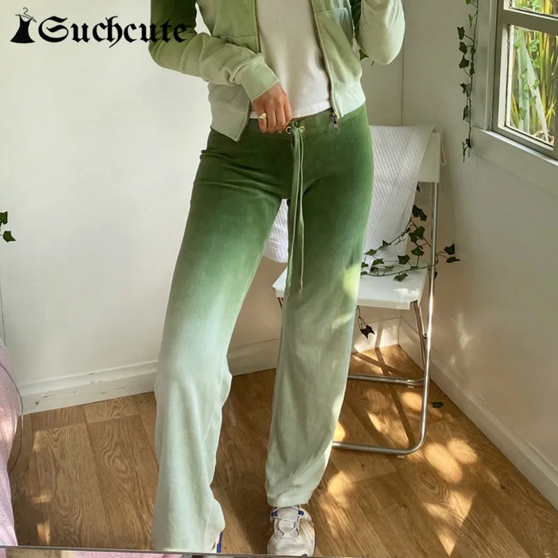 

SUCHCUTE Gradient Casual Women's Pants Lace Up Colorful Fashion Korean Winter Straight Trousers Hight Waist Sweatpants Harajuku