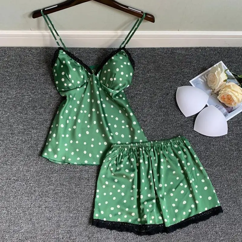 

Women Sexy Pajamas Set Print Dot PJS Suit Satin Sleepwear 2 Pieces Strap Top&Shorts With Lace Soft Lounge Wear Intimate Lingerie