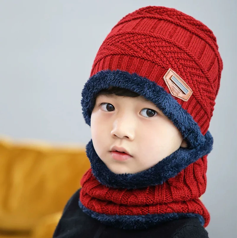 

3-10 year old children's hat winter boys and girls knitted wool kid hat plus velvet warm baby scarf two-piece suit tide