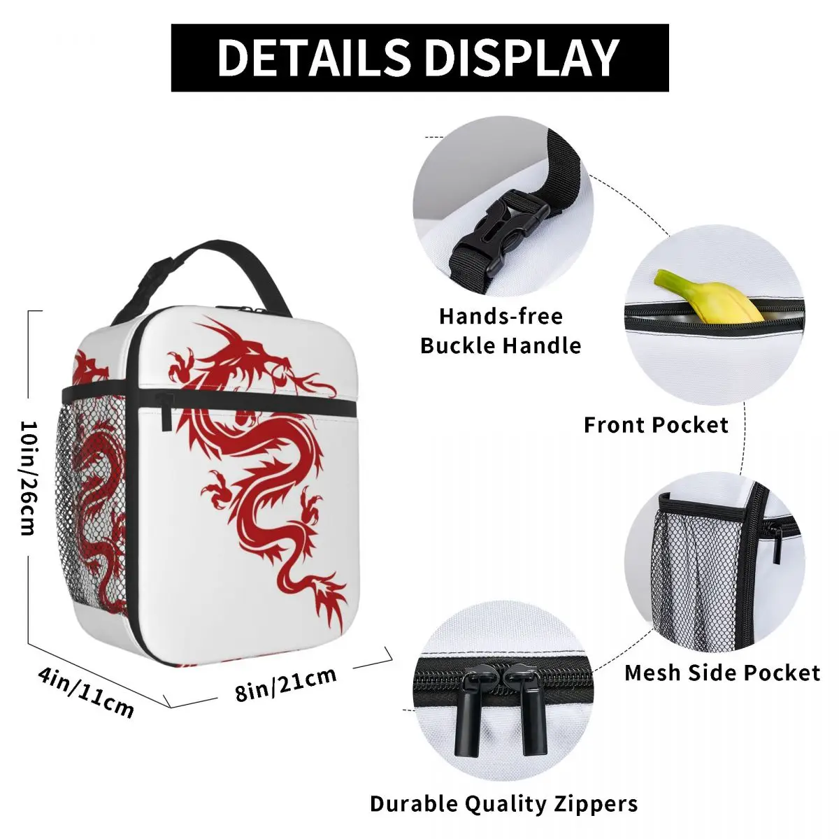 

Japanese Dragon Lunch Bag for Women Men Large Insulated Lunch Box with Water Bottle Holder and Pockets