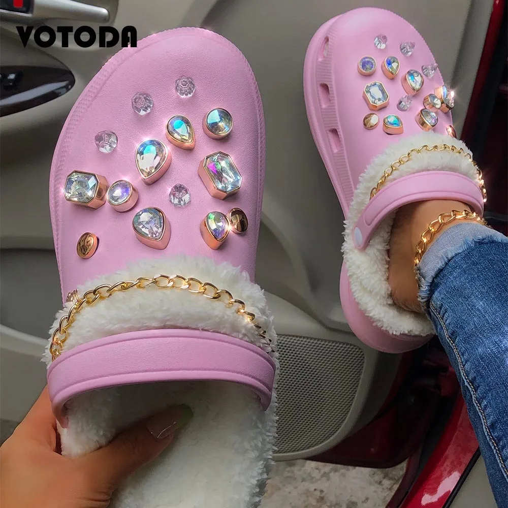 

Winter Women Fur High Heel Woman Plush Chain Clogs Lady Furrry Garden Shoes Girl Platform Hole Slippers Warm Thick Bottom Slides