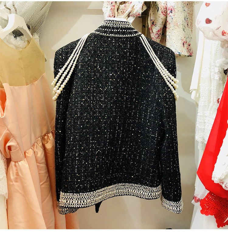 Модное женское твидовое пальто с жемчугом и бисером весна осень