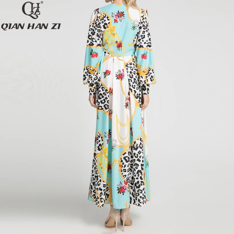 

Qian Han Zi 2019 Designer Fashion Autumn Maxi Dress Women's Lantern Sleeve Flower Leopard Print Casual Long Beach Dress