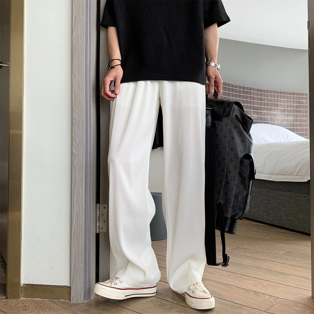 

2021 Korean Streetwear Casual Straight Pants Spring Summer Hip Hop Fashion Ice Silk Trousers Kpop Couple Clothes Men Women