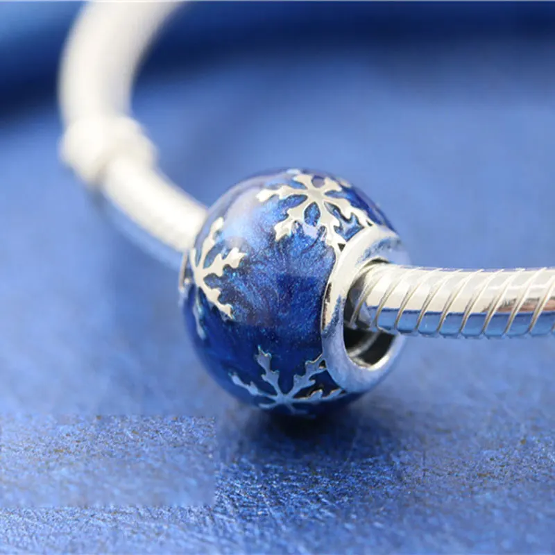 

925 Sterling Silver Wintry Delight Midnight Blue Enamel Charm Bead Fits All European Pandora Jewelry Bracelets Necklaces
