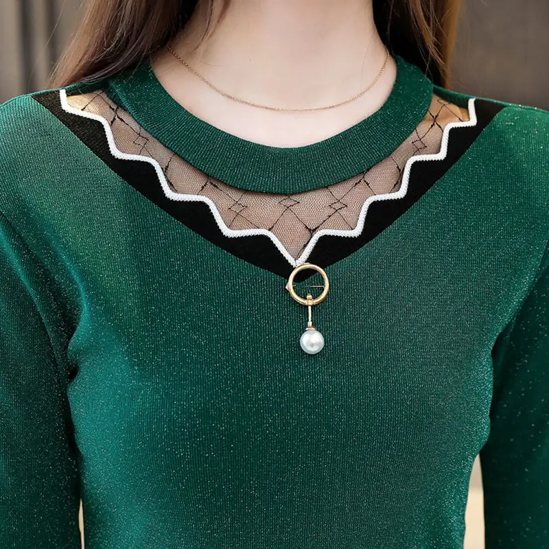 Женские блузки с длинным рукавом бархатные кружевные тонкие уличные сетчатые