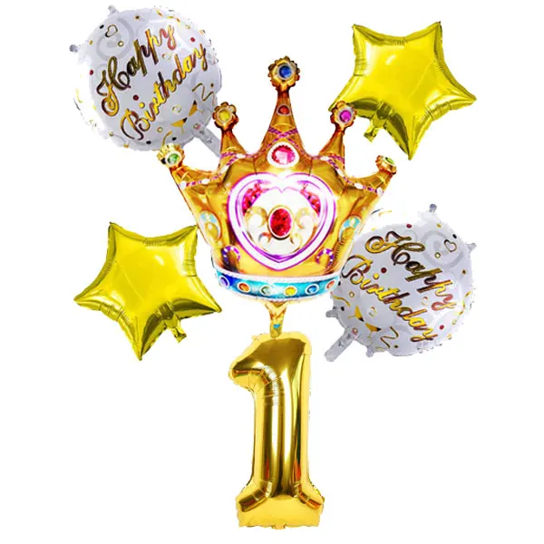 

6 pcs Set Gold Diamond Crown Balloon Crown 1st Birthday Boy Decoration Girl Supplies White Mylar Birthday Foil Balloons Set