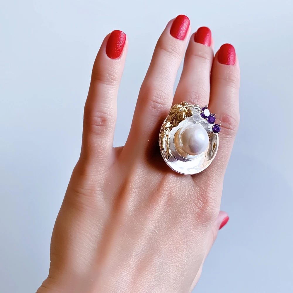 Лучший подарок большой круглый лист дизайн кольцо 14 мм белый жемчуг/фиолетовый CZ