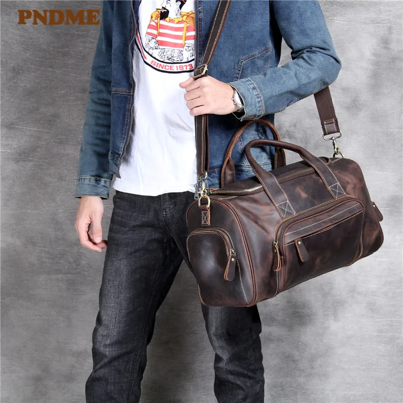 PNDME high quality crazy horse cowhide travel bag luxury simple vintage genuine leather luggage storage duffel handbags | Багаж и сумки