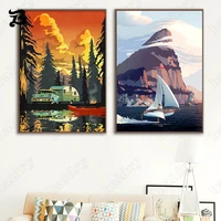 canvas painting landscape art car sailboat tourist vintage wall art posters and prints wall pictures for living room retro decor