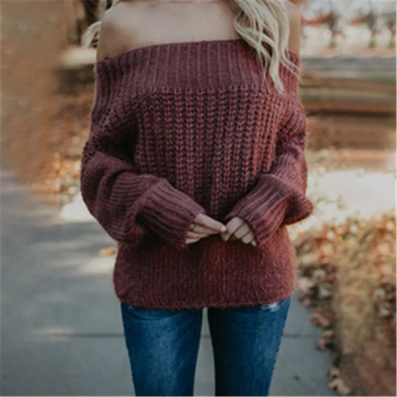 

2020 sexy Elegant Knit Slash neck Solid Sweater Women Jumper Autumn Winter Pullover Long Sleeve Female Knitwear Sweater Women
