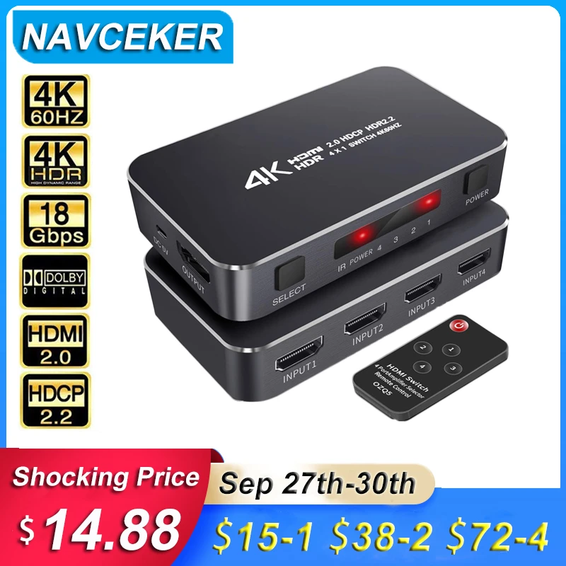 

UHD HDMI 2.0 4K HDMI Switch 1x4 Mini HDMI Switch Switcher HUB Box Support HDCP 2.2 & IR Remote Control HDMI Switch Splitter