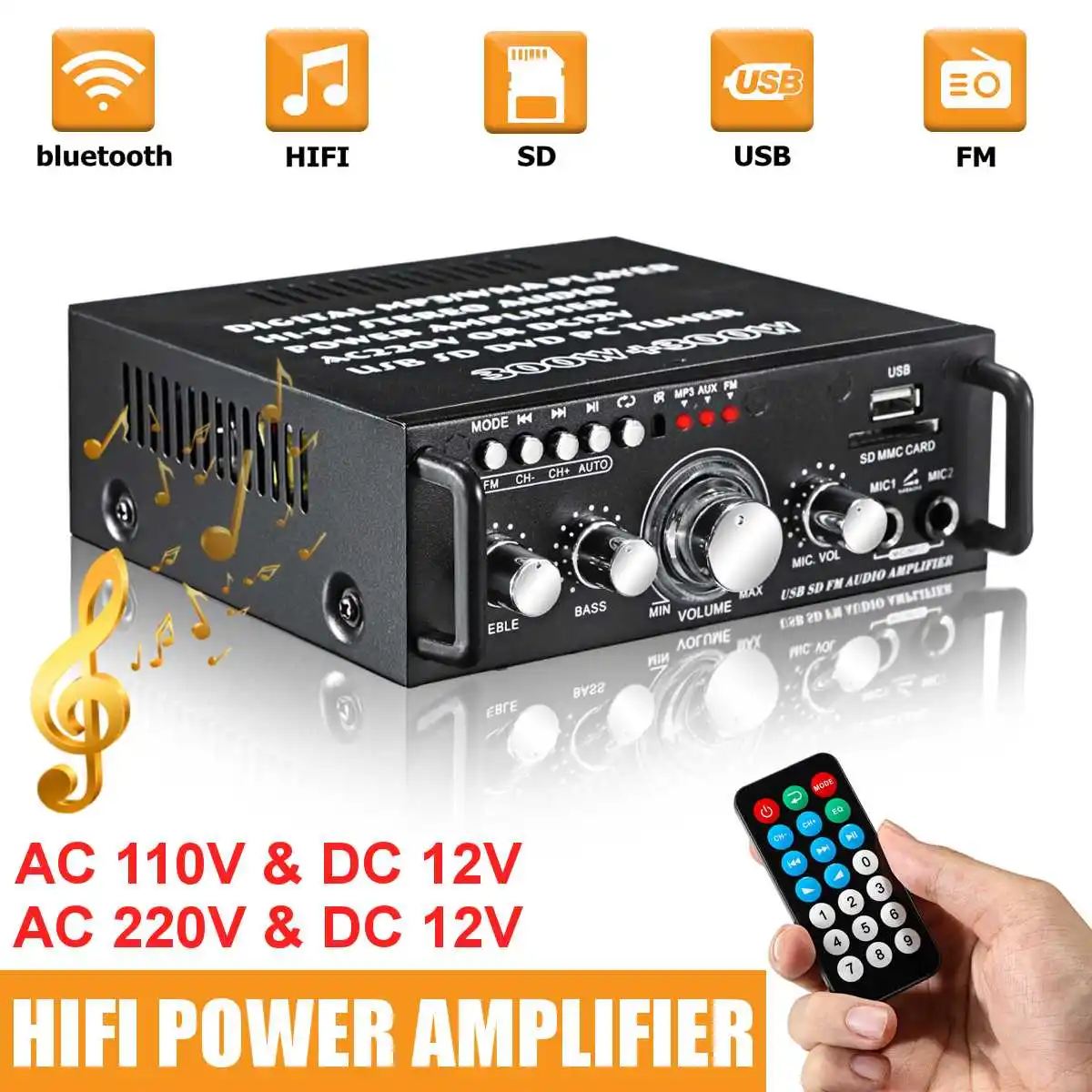 

600W Bluetooth Amplifier 300W+300W 2CH HIFI Audio Stereo Power AMP USB FM Radio Car Home Theater with Remote Control