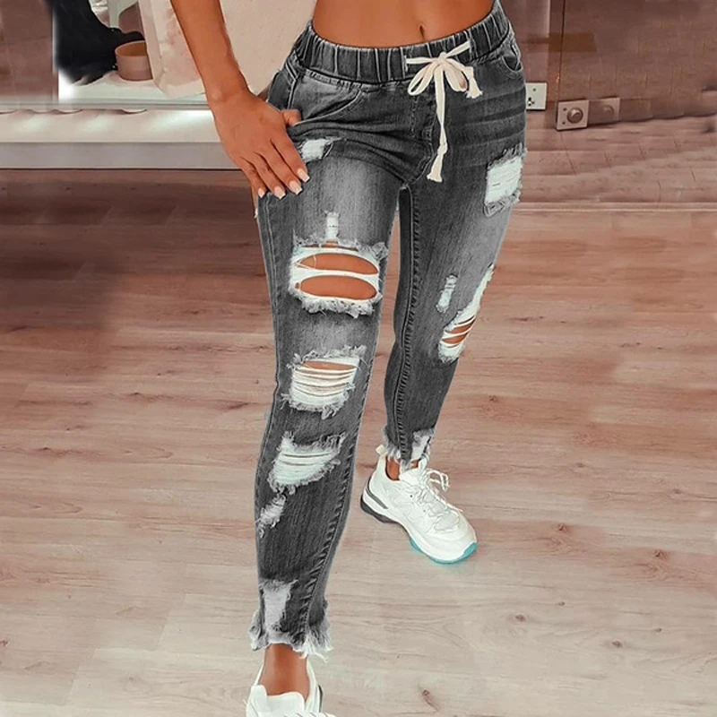 

2021 Spring And Summer Denim Jeans For Women Ripped Hole Stretch Jean Ladies Plus Size Full Length Pencil Pants