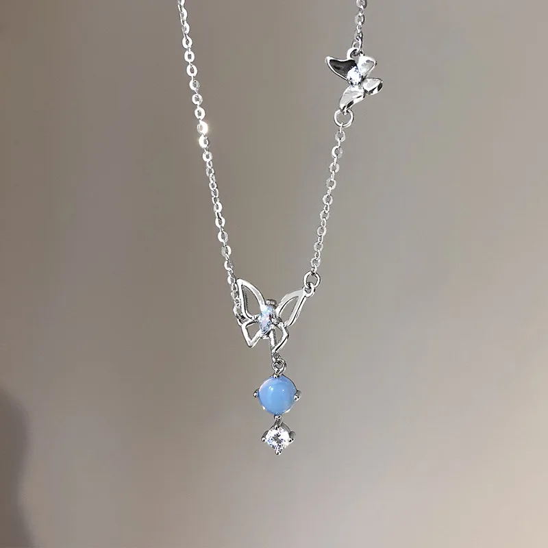 

S925 Butterfly Necklace for Women Jewelry Accessories Blue Pendant Necklaces Choker for Woman Japanese Korean Fashion Elegant