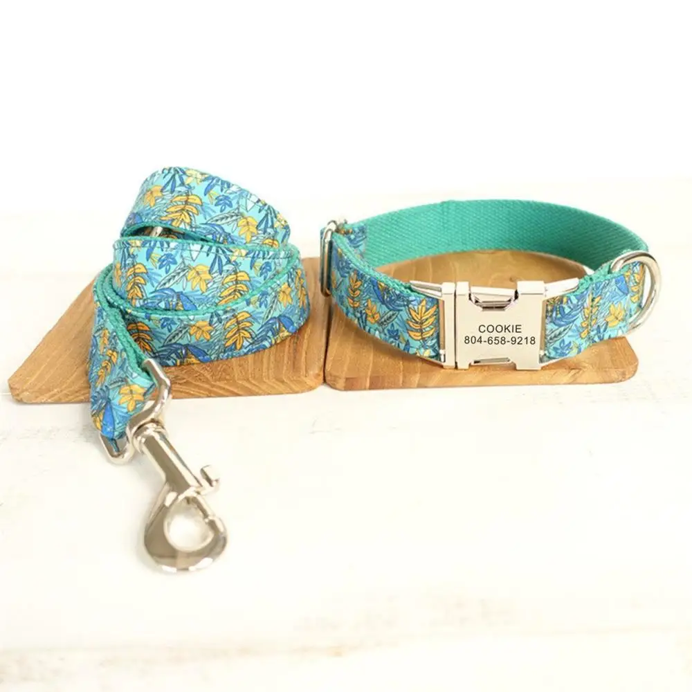 

Free Engraving Pet Collar Customized Nameplate ID Tag Adjustable Green Flowers Cat Personalized Dog Collars Lead Leash Set