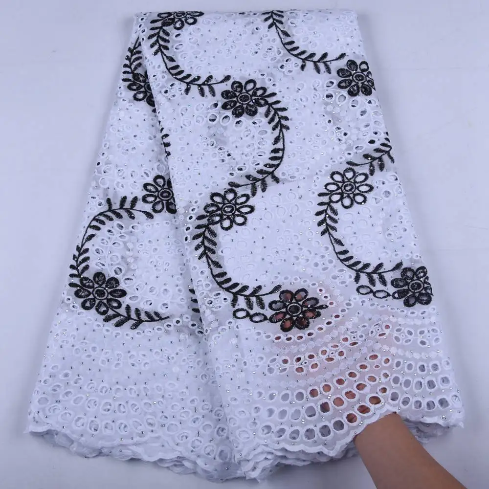 

Pure Cotton White African Lace Fabric High Quality Swiss Lace Fabric With Stones Nigerian Embroidered Laces For Wedding S1657