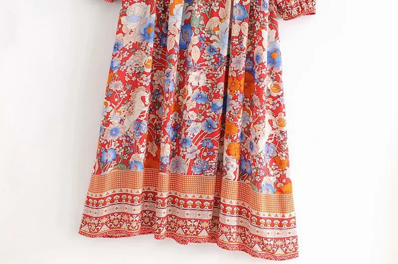 

Femme Midi Dress Lace Up Fashion Boho Printing Dress Rayon Floral A-line Vestidos V-neck Pleated Chic Sweet Long Dress Robes