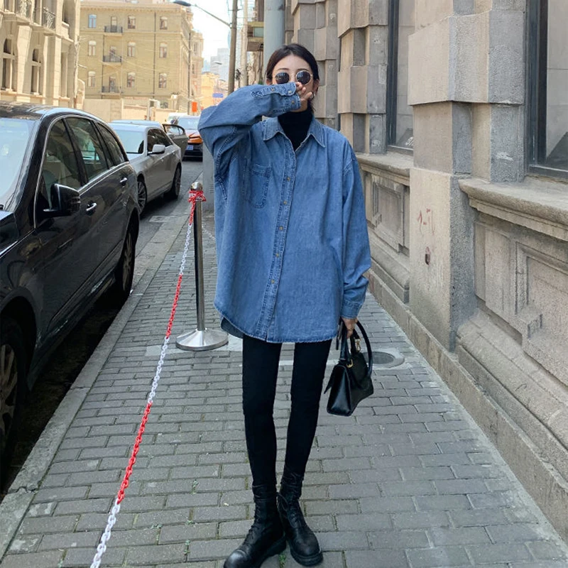 

Блузка женская джинсовая с длинным рукавом, повседневный Свободный Топ из денима, верхняя одежда в Корейском стиле, осень 2021