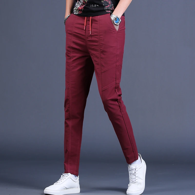 

Summer Men Wine Red Casual Pants Cotton Slim Fit Elastic Waist Drawstring Golf Trousers