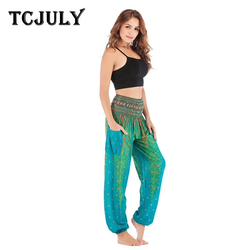Женские шаровары с принтом павлина TCJULY Свободные повседневные брюки высокой