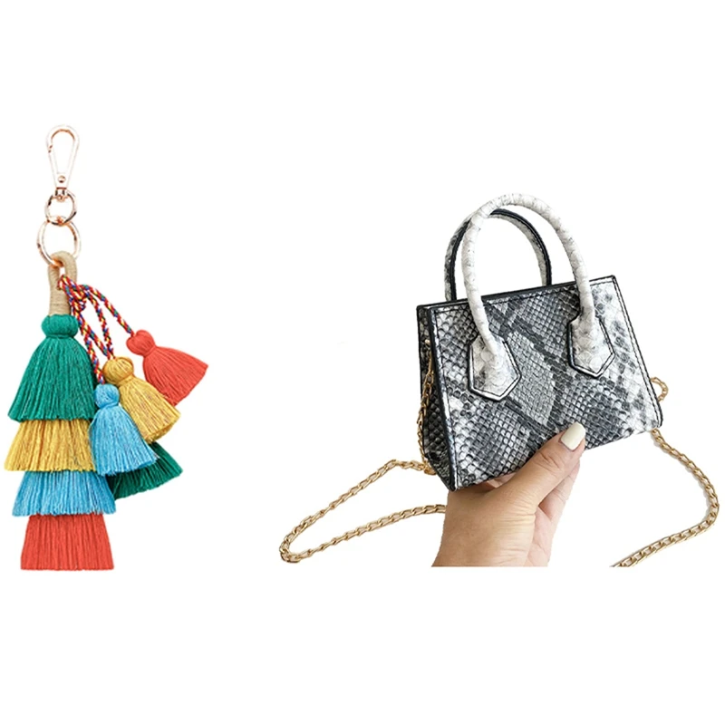 

1 Pcs Vintage Boho Key Chain Multilayer Tassel Pendant & 1 Pcs Fashion Snakeskin Ladies One-Shoulder Handbag Black