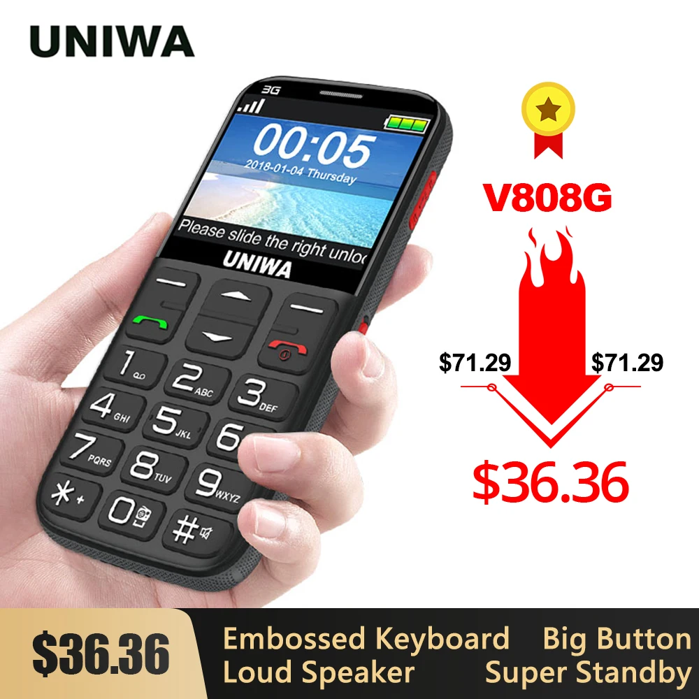 Мобильный телефон UNIWA V808G, мощфонарь, громкий, SOS, 3G, английская/Русская клавиатура, 10 дней в режиме ожидания, 3G, 2G