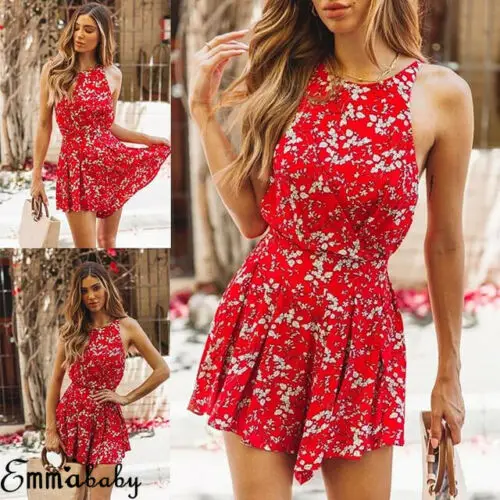 

Women Boho Floral Rompers Ladies Backless Summer Beach Short Playsuit Fashion Ladies Sleeveless O-Neck Holiday Jumpsuit New