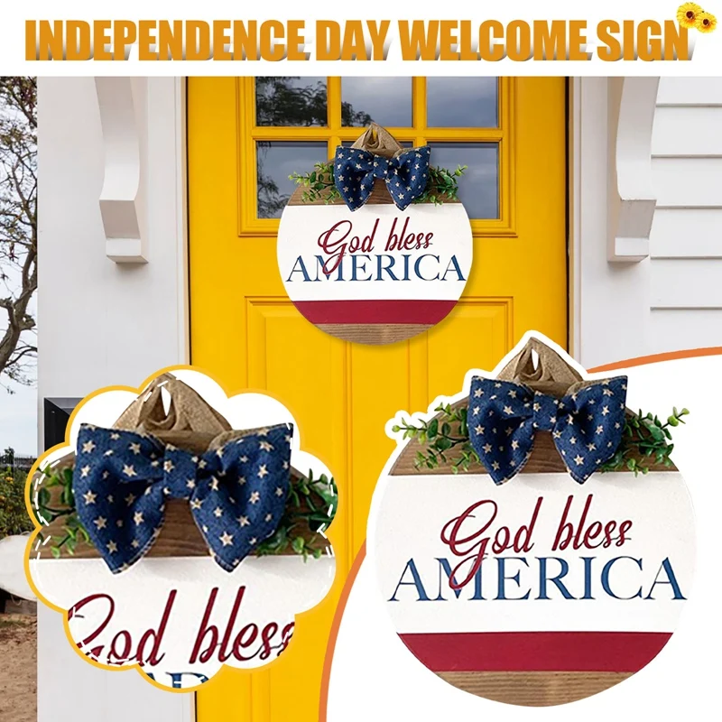 

12 Inch Patriotic Wooden Sign Independence Day Hanging Wall Art Independence Wreath Front Door Decoration