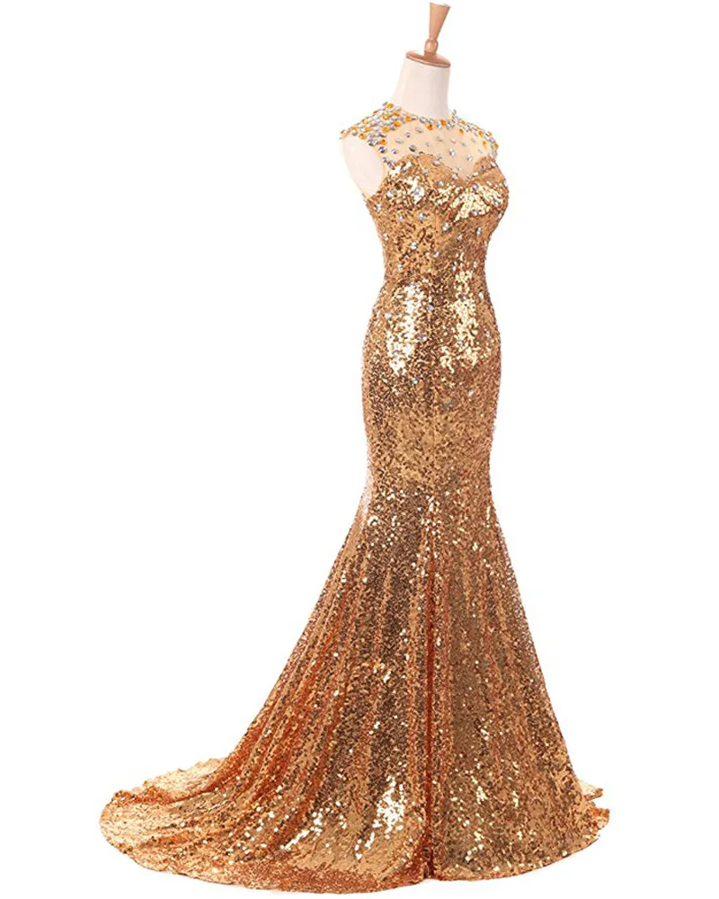 Блестящее Золотое блестящее женское длинное платье с юбкой-годе и круглым