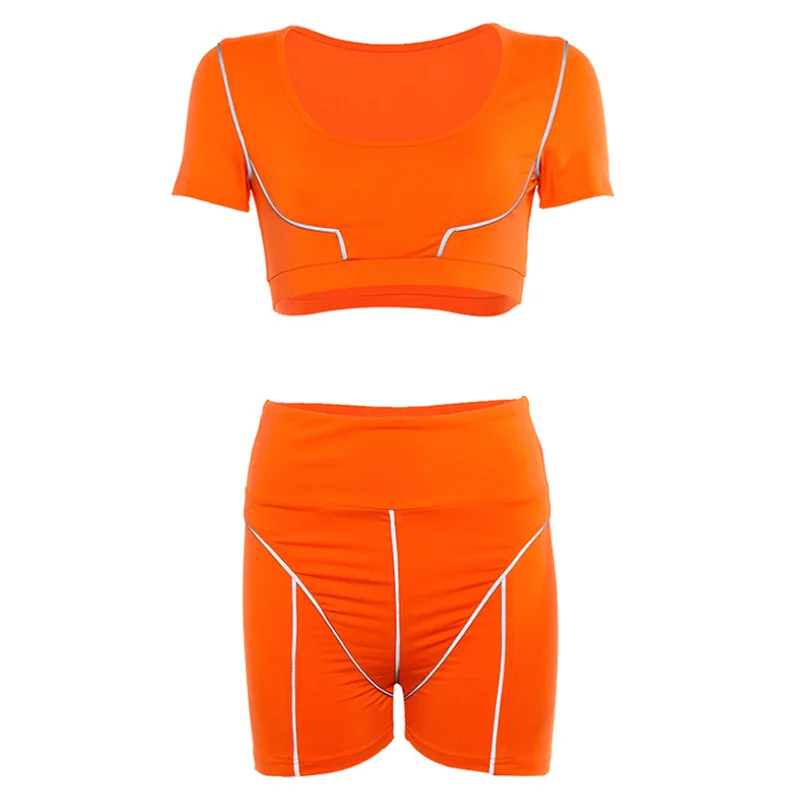 

Neon Green Reflective Stripe Patchwork Crop Top Biker Shorts 2 Piece Set Women Tracksuit Sets Summer Casual