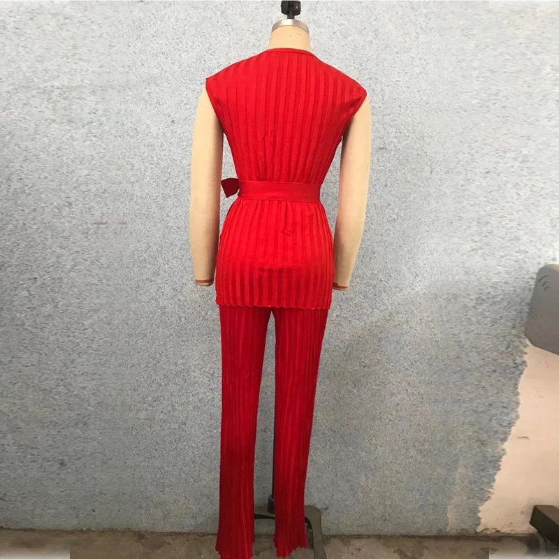 

2019 New Design Fashion Womens Jumpsuit Sleeveless Bodycon Bandage O Neck Red Striped Jumpsuit Celebrity Party Two Piece Sets