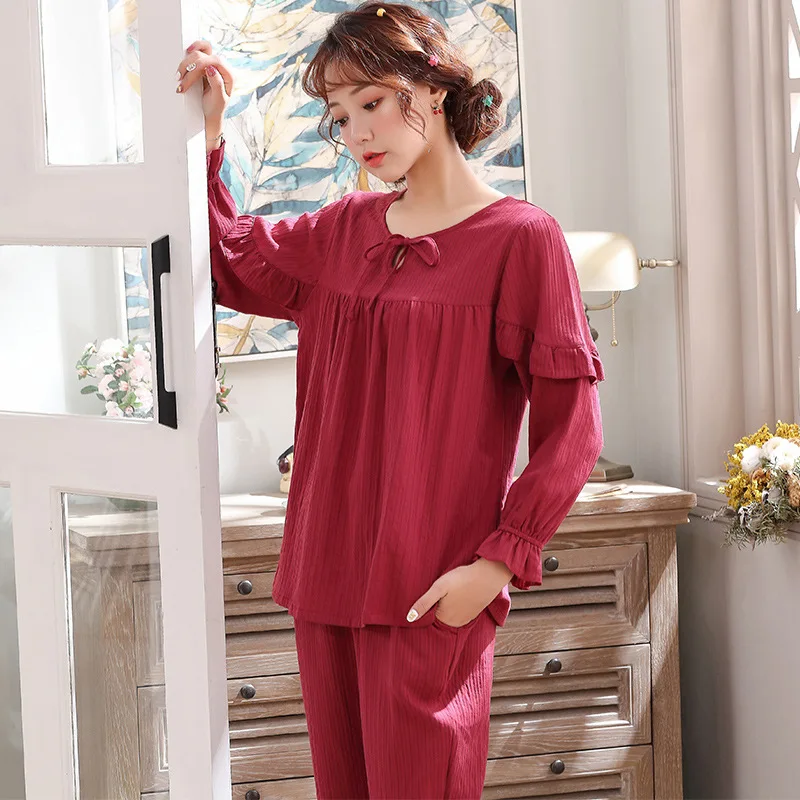 2022Spring and Autumn New Women's Pajamas Cotton Long-sleeved Trousers Pullover Home Wear Pajamas for Women Sleepwear Sleep Tops