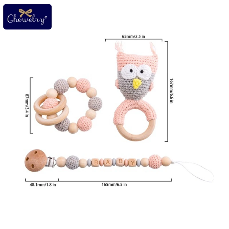 Owl Set 4 1 комплект/3 шт., детский деревянный прорезыватель, детская коляска, Детские Силиконовые Бусины, погремушка, Детская пустышка, зажим для соски, цепочка для коляски, игрушки - Цвет: Owl Set 4