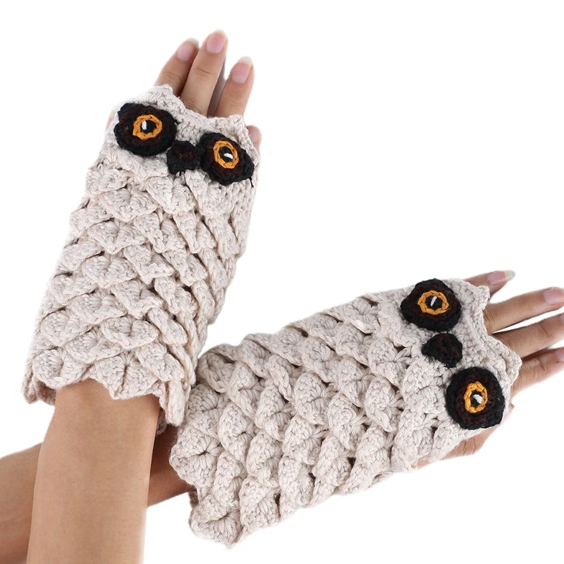 

Knitted Gloves Owl Pattern Arm Warmer Fingerless Gloves with Thumb Hole Stretchy Half Finger Gloves Cartoon Mitten