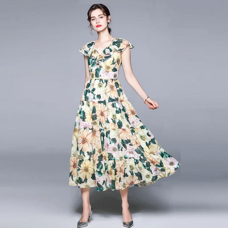

2021 Bohemian Summer Fashion V-Neck Beach Long DressLayered Pleated Swing Floral Camellia Print Chiffon Elgant Party Maxi Dress