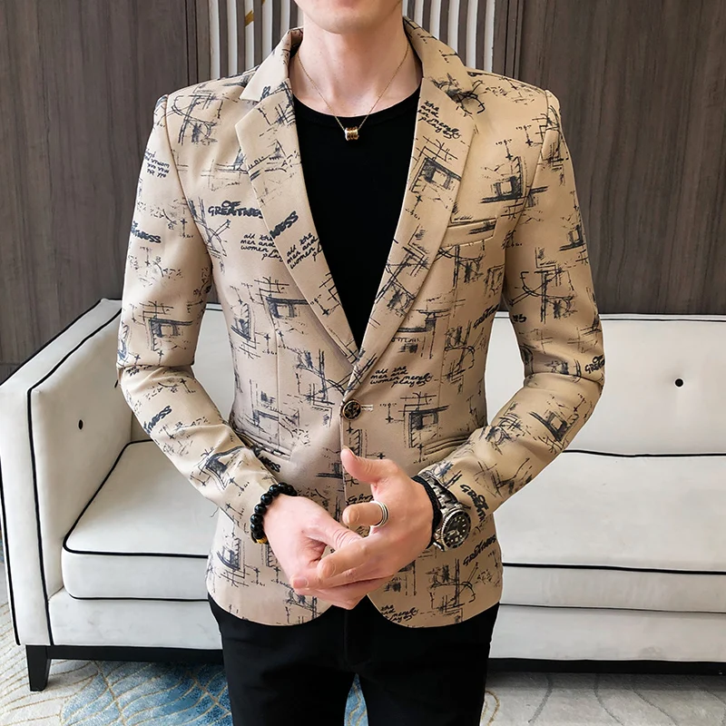 Модный мужской блейзер с ручным принтом приталенный пиджак для офиса и свадьбы в