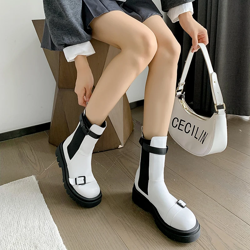 

Ботинки Челси без шнуровки на плоской подошве, женские зимние ботильоны на массивной подошве, черные, бежевые, женские осенние модные ботин...