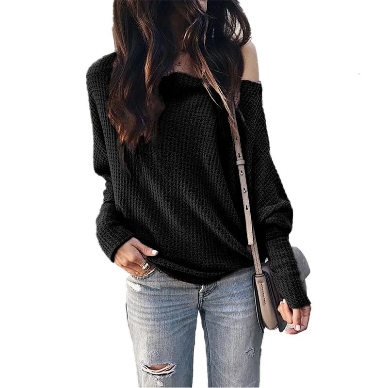 Women's T-Shirt Oblique Collar Strapless Lantern Long Sleeve Bat Autumn Casual Top strapless halter Solid color pullover tops | Женская