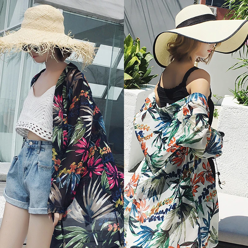 

Beach Style Leaves Print Chiffon Shirt For Women Long Thin Cardigan Korean Loose Long Blouse Coat Summer New